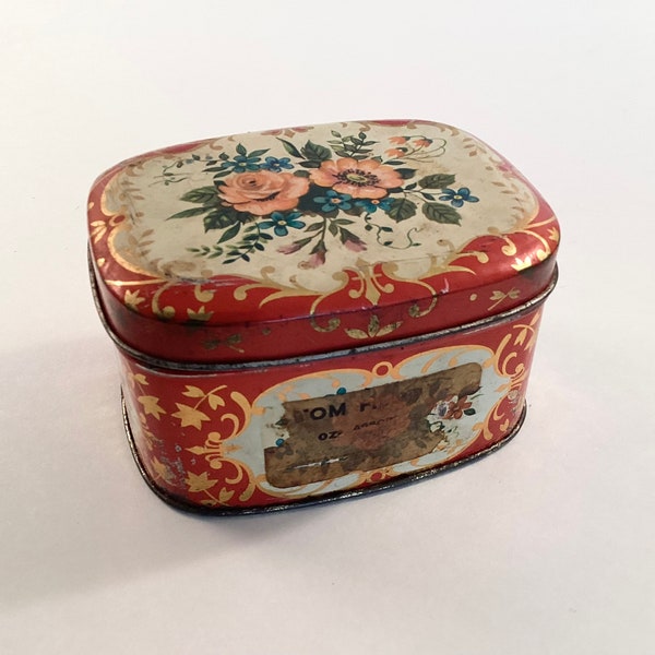 Small Vintage Orange and Blue Floral Biscuit Tin Box Made in England, Roses Floral Hinged Lid Tin Box, Vintage England Trinket Tin Box