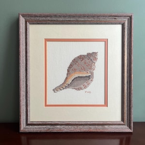 Framed Shell Cross-Stitch, Coastal Wall Decor, Nautical, Needlepoint