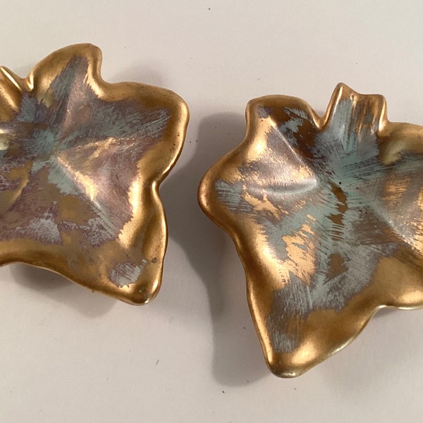 Vintage Hand Painted Stangl Pottery, 2 Stangl Blue and Gold Trinket Dishes, Leaf Shaped Stangl Ash Trays, Aqua Antique Gold Stangl Pottery