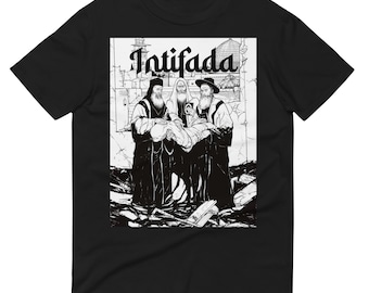 May include: Black and white illustration of three men in traditional clothing carrying a body. The image is set against a backdrop of a building with a dome and the word "Intifada" in bold letters.