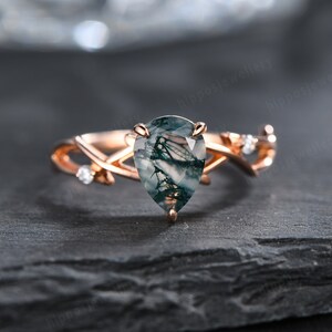 Art Deco Pear Cut Natural Green Moss Agate Engagement Ring Unique 14K Rose Gold Vine Twig Branch Nature Inspired Ring Women Moissanite Ring
