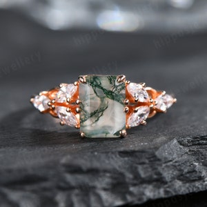 Emerald Cut Moss Agate Ring, Rose Gold Moss Agate Engagement Ring, Marquise Diamond Wedding Ring, Nature Inspired Ring, Twig Leaf Ring, Gift