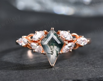 Anillo de compromiso único de ágata de musgo verde con corte de cometa, anillo de diamantes de moissanita marquesa de oro rosa de 14k para mujer, regalo de anillo de boda nupcial vintage