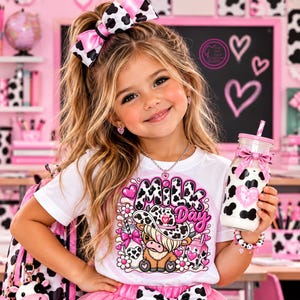 Peut inclure: Un t-shirt blanc avec un motif de chapeau de cow-boy à taches de vache, une vache dessin animé et le texte Milk Day, accompagné d'un nœud pour cheveux, d'un gobelet en verre et d'un sac à dos assortis à taches de vache dans un décor rose.