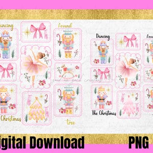 Puede incluir: Descarga digital con ilustraciones navideñas en rosa y blanco. El diseño incluye cascanueces, bailarinas, lazos y árboles de Navidad, con las palabras "Dancing", "Around" y "The Christmas".