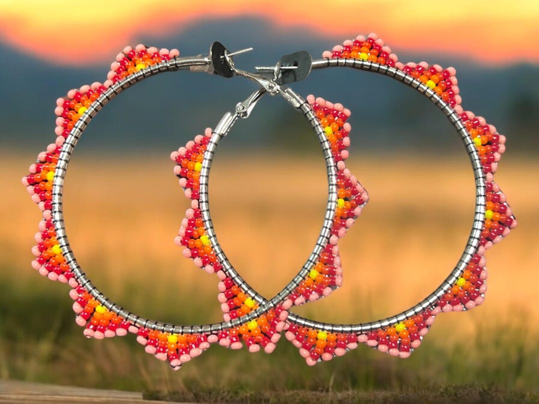 Handmade White Beaded Hoop Earrings - 3 Inch Lever Back - Glass Beads - BEADS CORNER