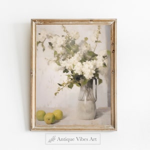 Vintage Kitchen Still Life Painting, Neutral Still Life Painting, Dining Neutral Flowers Print, Apple Still Life, Digital Download | A20