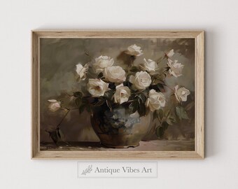 Printable Floral Print, Dark Flower Print, Black Botanical Print, Vintage Botanical, Wall Art Floral, Still Life Oil Painting | A9