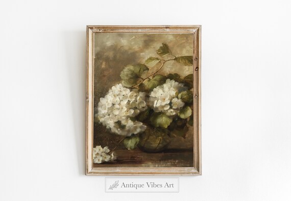 Hydrangea Painting, Vintage Flower Print, Dark Moody Antique Botanical Art PRINTABLE , Moody Still Life Art Print, Botanical Print | A21