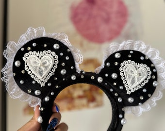 Lace Heart Coquette Ears, Black Velvet Padded Headband