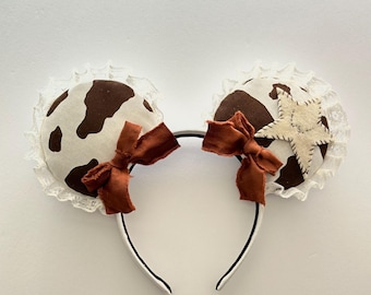 Cowboy Coquette Minnie Ears, Western Theme Headband, Denim Fabric, Sheriff Badge Detail