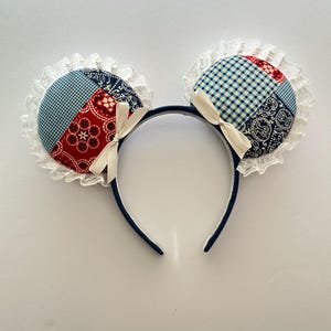 Patchwork Bandana Minnie Ears, Western Style, Lace Trim, Ivory Bows