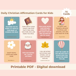 Tarjetas de afirmación cristianas diarias para niños Tarjetas positivas basadas en la fe imprimibles Notas cristianas para la lonchera para niños Tarjetas didácticas cristianas para niños