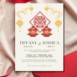 Puede incluir: Una invitación de boda con fondo crema, con faroles y ramas doradas. La invitación anuncia una ceremonia de té vietnamita para Tiffany & Joshua el 20 de febrero de 2026 en Melbourne. Incluye la hora.