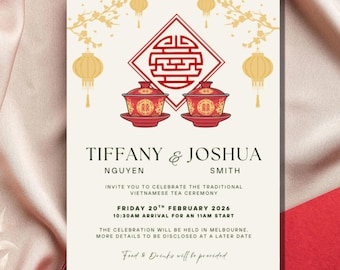 Red Gold Tea Ceremony Invitation Template: Vietnamese Chinese Wedding (Digital Download)