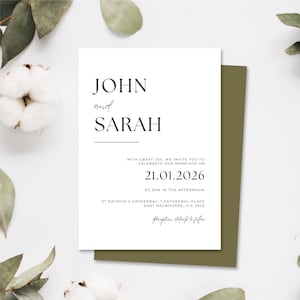 May include: A minimalist wedding invitation with white text on a white background. The invitation reads "John and Sarah" with the date "21.01.2026" and the location "St Patrick's Cathedral, 1 Cathedral Place, East Melbourne, VIC 3022".