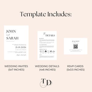 May include: A template for wedding invitations, details, and RSVP cards. The template includes a black and white design with the text "John and Sarah" on the invitation, "The Details" on the details card, and "Kindly RSVP" on the RSVP card. The cards are 5x7 inches, 4x6 inches, and 5x3.5 inches, respectively.