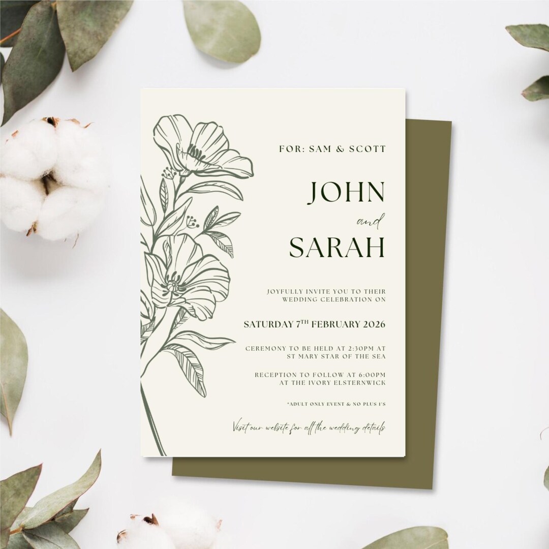 Editable Sage Green Floral Wedding Invitation Template Bundle ...