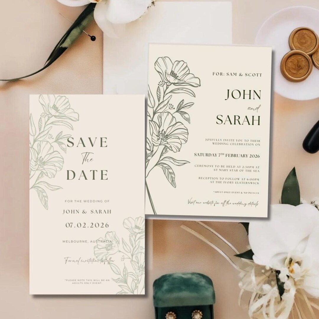 Sage Green Floral Wedding Invitation Template: Minimalist Elegant ...