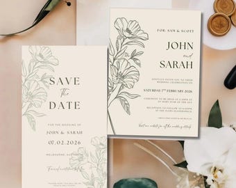 Sage Green Floral Wedding Invitation Template: Minimalist Elegant Design (Digital Download)