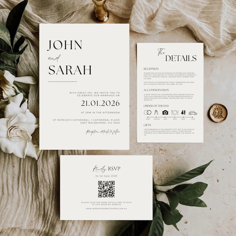 May include: A minimalist wedding invitation suite with black text on white cardstock. The invitation features the names "John and Sarah" and the wedding date "21.01.2026". The details card includes information about the reception, accommodation, order of the day, and gifts. The RSVP card includes a QR code and the text "Kindly RSVP by 1st June 2025".