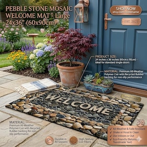 May include: A rectangular pebble stone mosaic welcome mat, 24 x 36 inches, with the word "WELCOME" in large letters. The mat is made of premium all-weather polymer coir with recycled rubber backing. It is durable and fade-resistant.