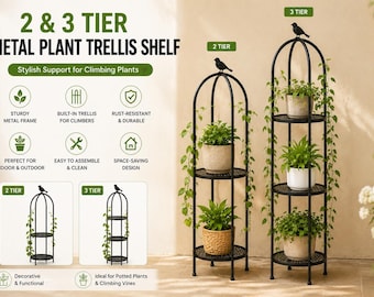 Metal Garden Trellis for Climbing Plants | Indoor Outdoor Plant Support Cage | Black Arch Trellis