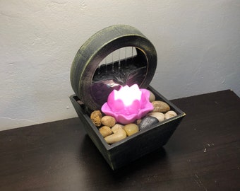Zen Lotus Waterfall Fountain, Desktop Water Feature with LED Lights, Battery Operated Meditation Decor