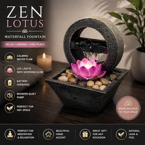 May include: A Zen Lotus waterfall fountain with a black stone-like base and a circular water feature. A pink lotus flower sits in the center, illuminated by LED lights. The fountain includes a whisper-quiet pump and is battery-operated.