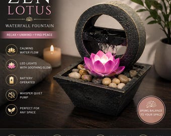 Zen Lotus Waterfall Fountain, Desktop Water Feature with LED Lights, Battery Operated Meditation Decor