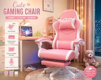 Cute Gaming Chair for Girls | Comfy Bedroom Desk Chair | Aesthetic Pink Gamer Chair | Cozy Sedentary Chair | Kawaii Room Decor Seating