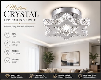 Modern Crystal Star Flush Mount Ceiling Light, Geometric LED Chandelier, Chrome Finish Lamp