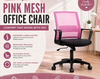 Pink Mesh Office Chair Ergonomic Desk Chair with Lumbar Support Swivel Task Chair Modern Minimalist Home Office Seating