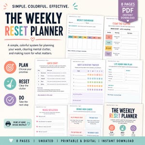 May include: A digital weekly reset planner consisting of eight pages featuring sections for a weekly dashboard, habit and routine tracker, life admin mini plan, weekly reflection, and bonus mini cards with colorful text and icons throughout.