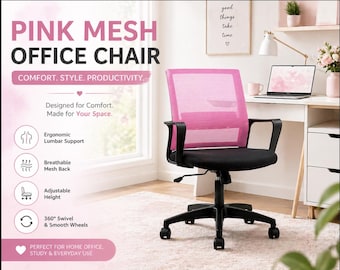Silla de oficina ergonómica de malla rosa con soporte lumbar, giratoria, moderna y minimalista para oficina en casa.
