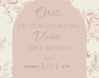 First Birthday Invitation Girl Pink Whimsical Birthday Fairy
