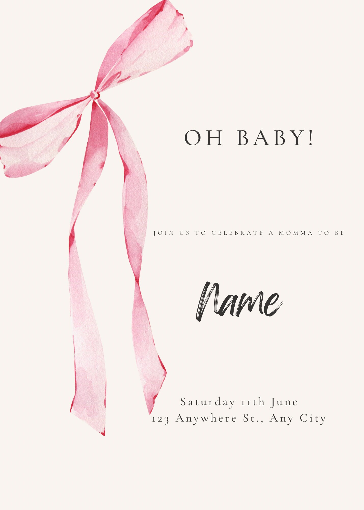 Baby Shower Invitation, Pink Girl Babyshower,Pink Bow Invitation,Babygirl