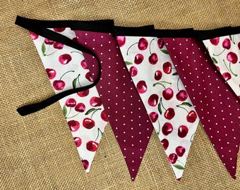 Cherry Fabric Flag Bunting Banner, Summer Picnic Celebration Garland, Reusable Fabric Decoration