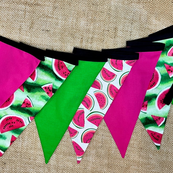 Watermelon Fabric Flag Bunting  |  Summer Picnic Celebration Garland Decoration | Patio Party Grill Out Pennant  |  Fruit Block Party Banner