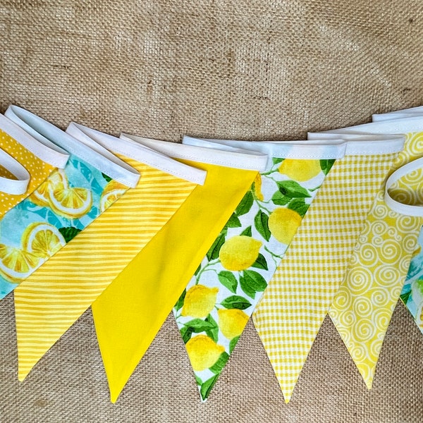 Lemons Fabric Flag Bunting Banner  |  Summer Picnic Celebration Garland  |  Lemonade Stand Decoration | Block Party BBQ Patio Fruit Wall Art