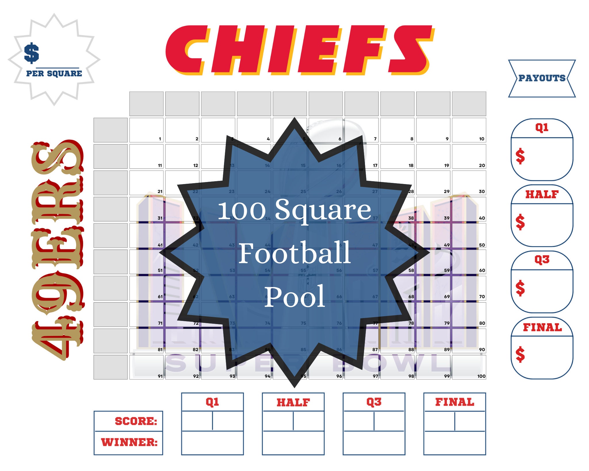 Superbowl Squares Game With Team Names, Football Square Game, Printable