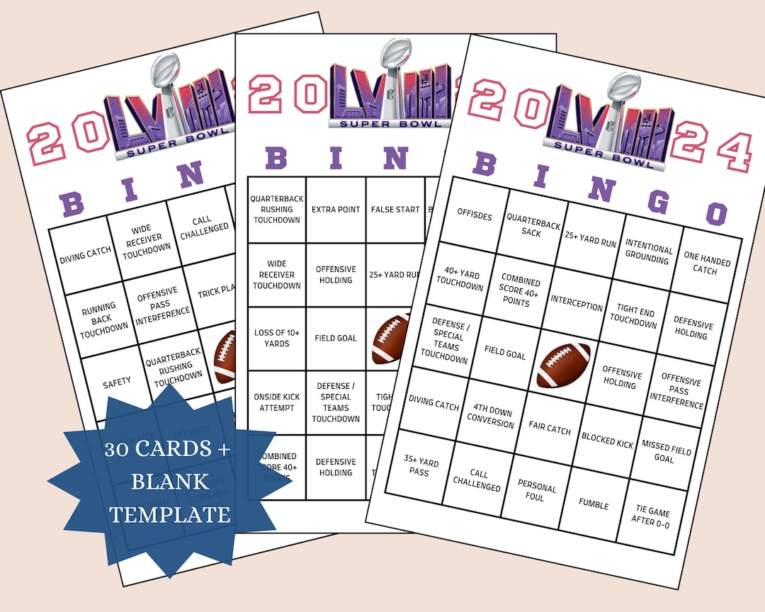 Superbowl Bingo 2024, 30 Printable Bingo Cards, Superbowl Party Games