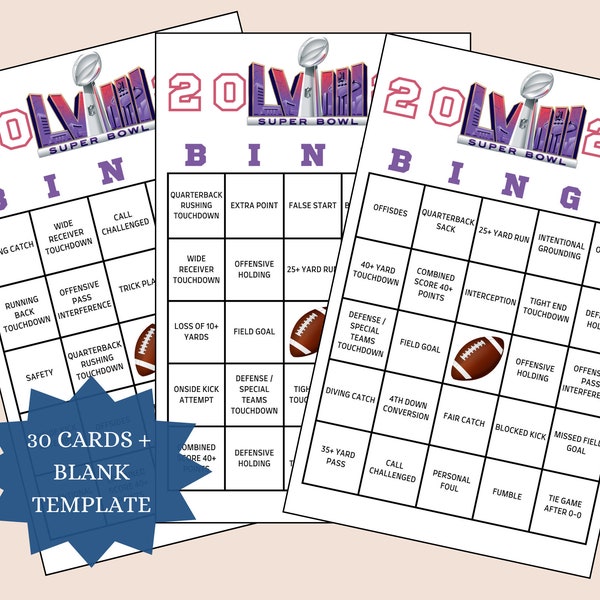 Superbowl Bingo 2024, 30 Printable Bingo Cards, Superbowl Party Games, Super Bowl Printable, Football Bingo, Superbowl Bingo, Football Party