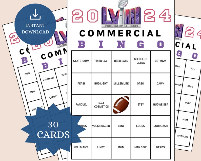 Superbowl Commercial Bingo 2024, 30 Printable Bingo Cards, Superbowl