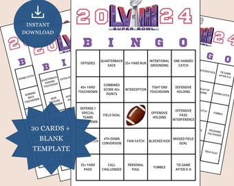 Superbowl Bingo Cards 2024, 30 Printable Football Bingo Cards, Digital Download Superbowl Bingo Cards, NFL Bingo, Instant Download, Football