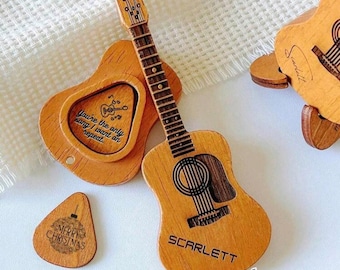 Portapúas de guitarra personalizado con soporte: set de regalo de madera grabada