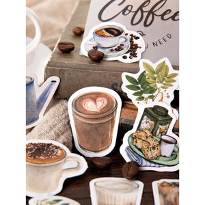46 calcomanías de café / calcomanías de vinilo con temática de café para diarios, agendas, álbumes de recortes, computadoras portátiles / Juego de arte con café con leche, té, capuchino y espresso