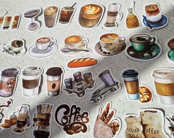 May include: A collection of colorful stickers featuring various coffee cups, mugs, and coffee-related imagery. The stickers are on a white background and include images of coffee beans, pastries, and the word "Coffee".
