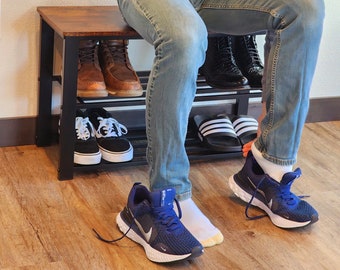 Banco de zapatos de madera para el hogar elegante - Organizador de almacenamiento de entrada, diseño de dos estantes, acabado en nogal, 29 W" 6 pares de zapatos, banco de zapatos