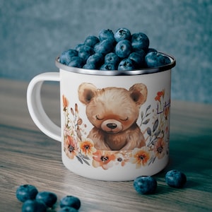 Baby Bär Emaille Camping Becher - Wildblumen Bär Tasse - Rustikale Abenteuer Tasse